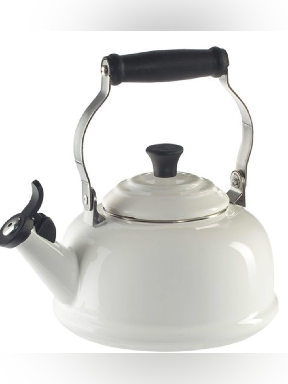 Le Creuset White Enamel Whistling Tea Kettle with Black Handle